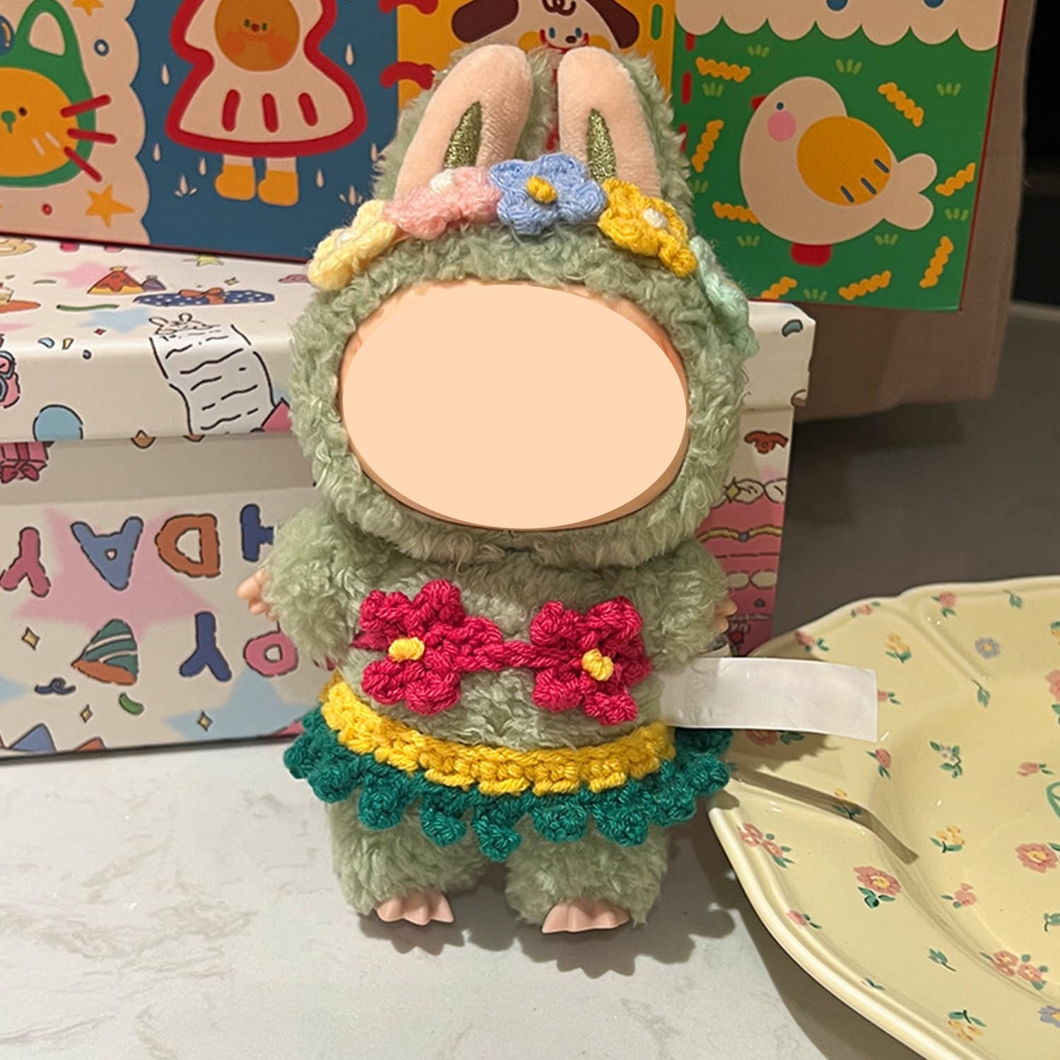 Hawaiian Hula Crochet Grass Skirt & Flower Halter Bikini Top for 17cm Dolls, Dolls Dressing Up Clothes Costume Swimsuit Outfits (Red)