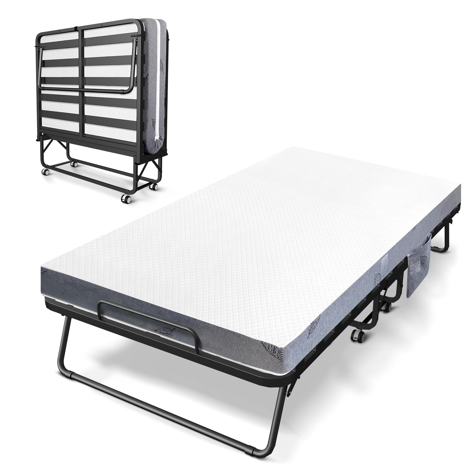 Hitatune Folding Bed with Mattress, Portable Rollaway Guest Bed for Adults, Strong Metal Frame and Wood Slat, Side Storage Pocket, 75" x 38"