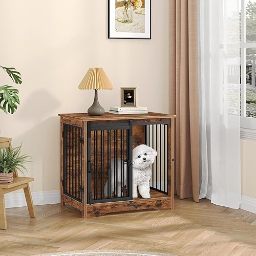 Miniatura 8 de Mueble de jaula para perros de 27.2 pulgadas con puerta de granero, perrera resistente para interiores con 2 puertas, mesa auxiliar de madera para