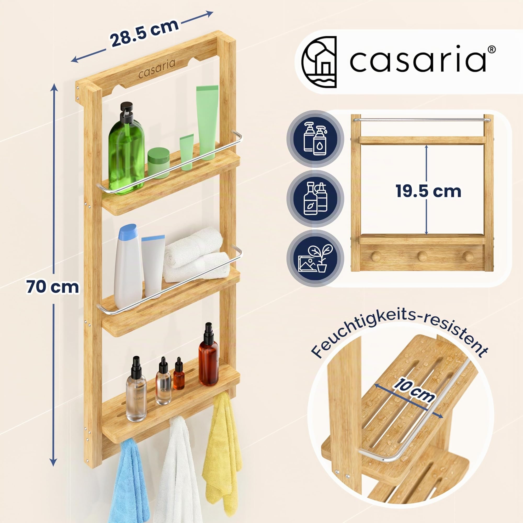 Casaria Duschregal Zum Hngen 3 Ablagen 3 Haken 70x29x10cm Duschablage  Hngend Badregal Bambus Holz Hngeregal fr Dusche Bad Kche Regal :  Amazon.de: Kche, Haushalt & Wohnen