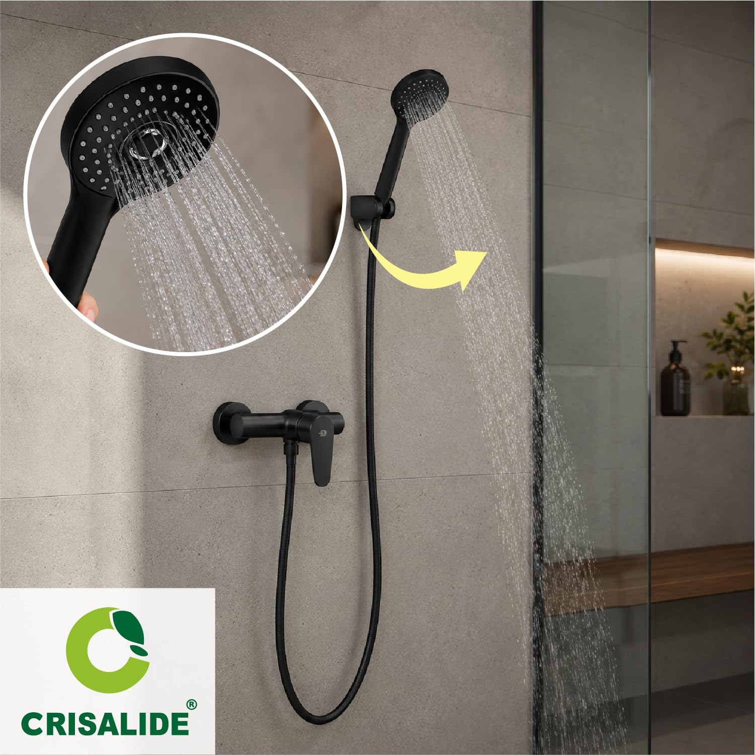 Crisalide® - Miscelatore Doccia Esterno Monocomando in Ottone Massiccio, Rubinetto Nero Opaco con Doccetta, Flessibile e Supporto a Parete