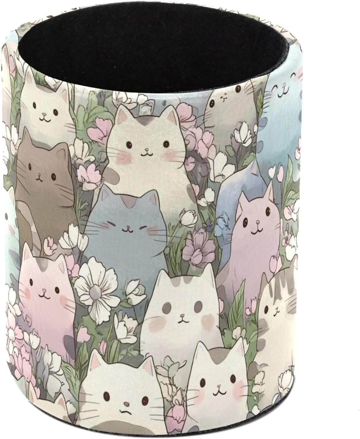 Leather Pen Holder for Desk, Colorful Cats Pencil Cup Pen Organizer Makeup Brush Holder for Office Home Kids Countertop Desk Accessory Storage