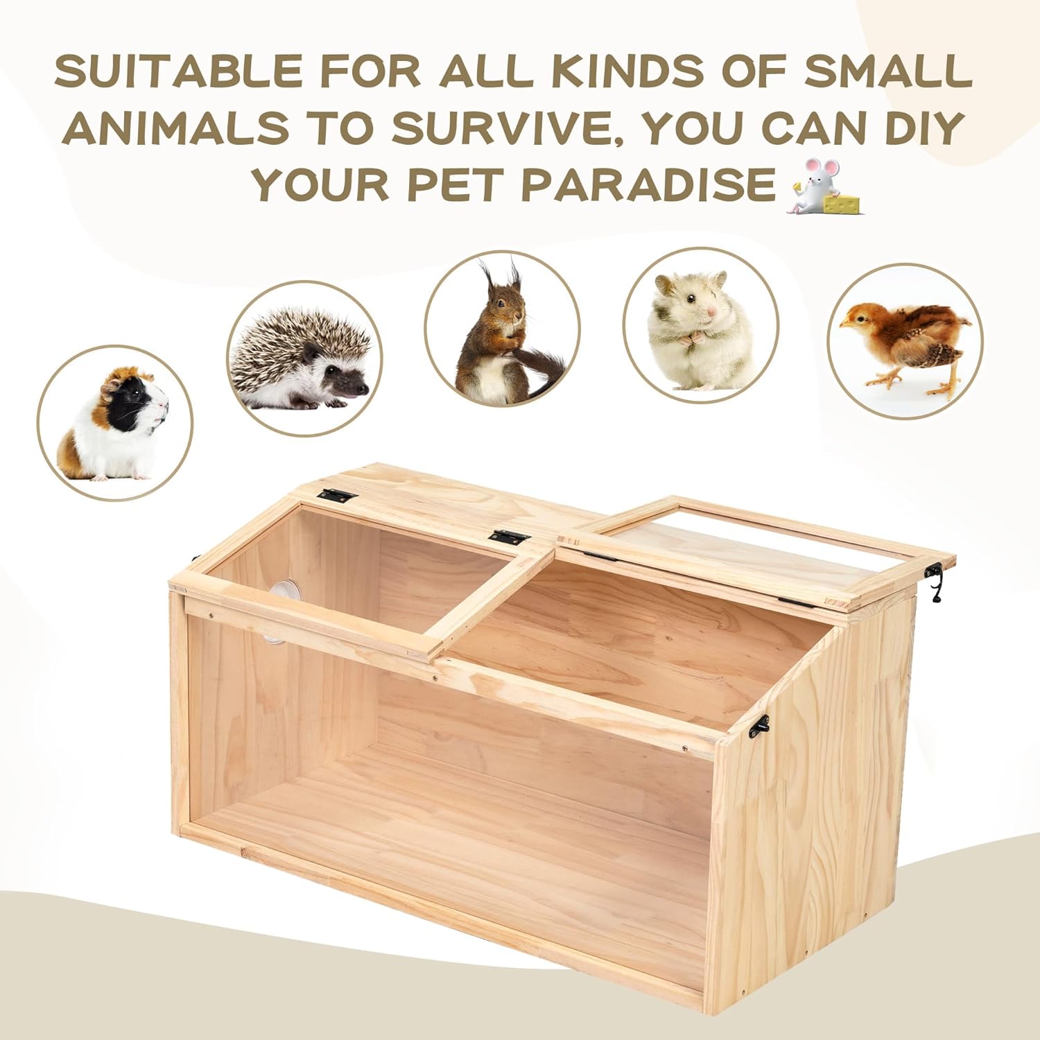 Wooden Hamster Cage, Large Hamster Cage Enclosure with Acrylic Window & Openable Top, 32" Small Animal Habitat for Guinea Pig, Chinchilla, Gerbil (32" L x 16" W x 16" H)