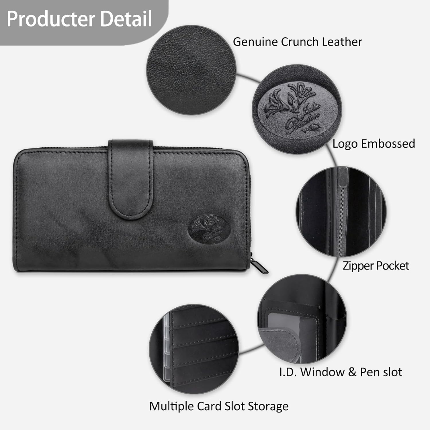 Julia Buxton Heiress Women's RFID Blocking Checkbook Leather Wallet with Zipper, Multiple Card Slots & ID Window, Gift Idea, Black