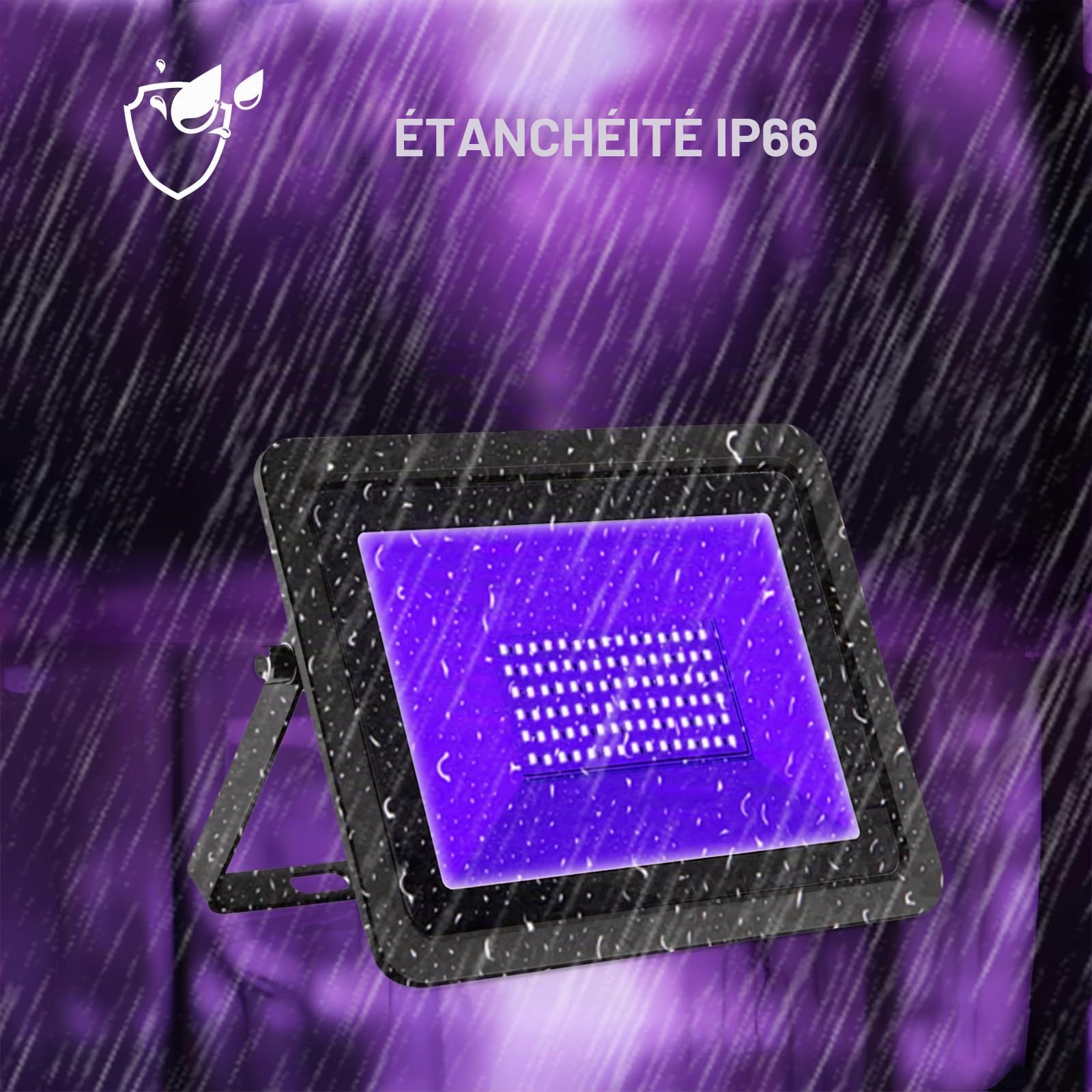 Lumière Noire LED 100W, 365nm Projecteur lumière noire UV étanche IP66, Black Light Projecteur UV LED pour fête lumineuse, Halloween, Affiche fluorescente Disco Bar éclairage de scène