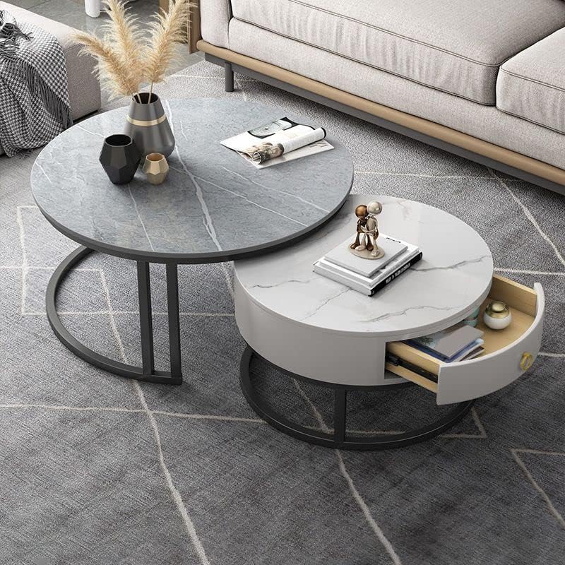 CraftThink Coffee Table Set, Contemporary Round Nesting Table Side Table End Table Stone Frame Without Drawers for Living Room, 31.5"L x 31.5"W x 18"H + 23.5"L x 23.5"W x 15"H (Grey White & Gold）
