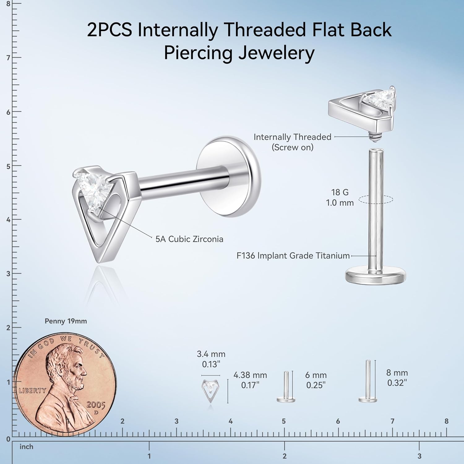limerencia 18G Titanium Body Piercing Jewelry, 2PC Hypoallergenic Internally Threaded Flat Back Stud Earrings for Tragus/Nose/Helix/Conch/Lip/Labret/Cartilage Earrings for Women Men - Image 6