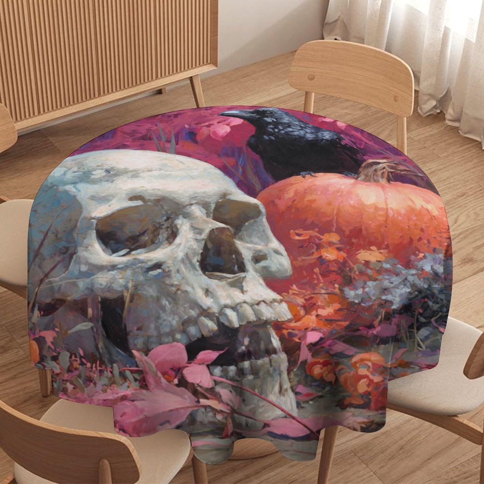 LUYYSKY Vintage Realistic Halloween Raven Waterproof Round Tablecloth Gothic Oil Painting Skull Skeleton Animal Crow Pumpkins Washable Table Cover for Kitchen-177.8" Wx177.8 L cm