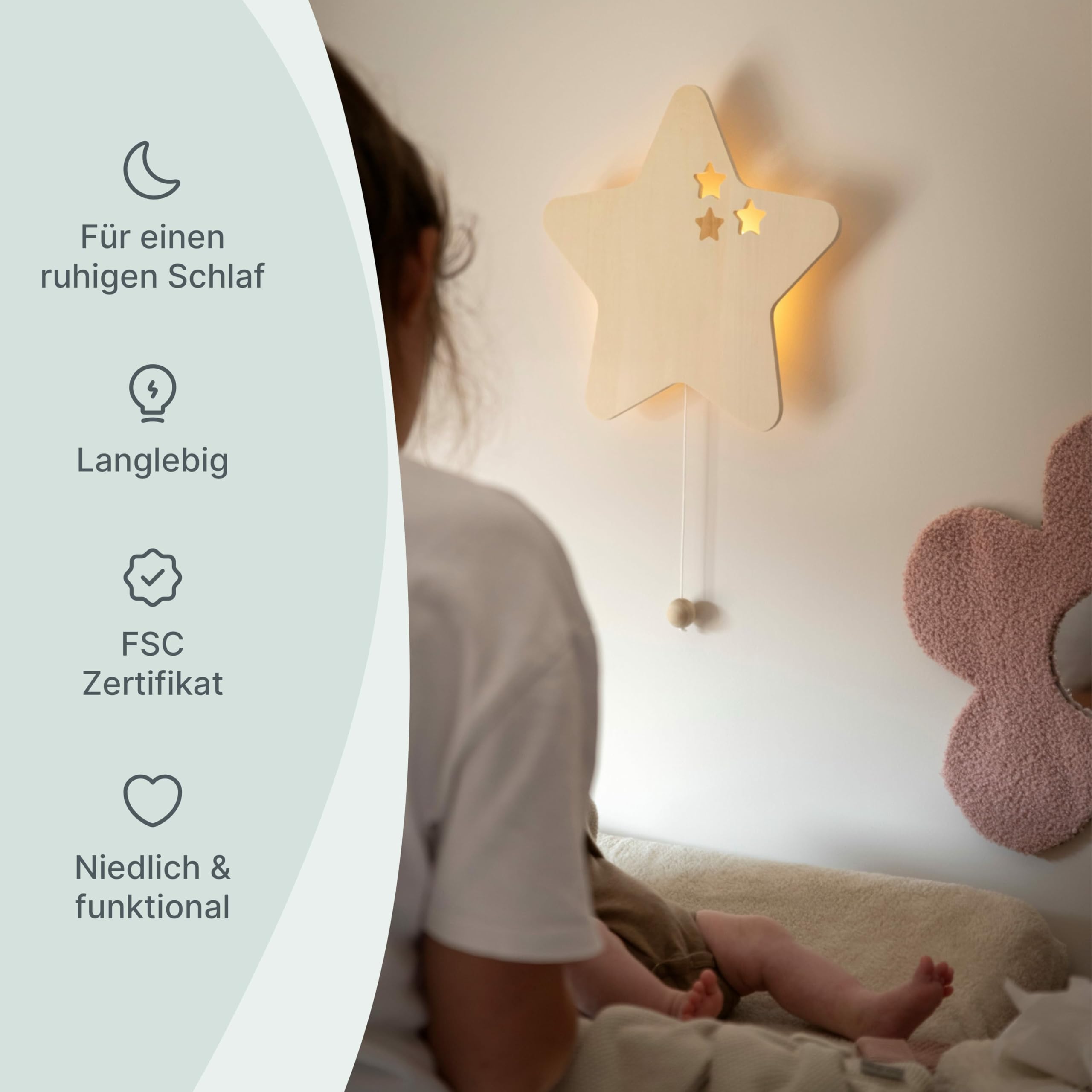 Baby's Only - Baby Wandlampe - Mond - Mondlampe für Babyzimmer - Nachtlampe mit batterie für Kinderzimmer - FSC-Gütezeichen Holzlampe - 25000 Brennstunden - Wandlampe bemalbar