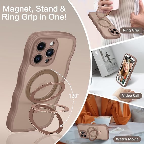 GaoBao for iPhone 15 Pro Max Case with Ring Stand,[Compatible with Magsafe] Curly Wave Frame Phone Case Translucent Matte TPU Bumper Shockproof Protective Cover for iPhone 15 Pro Max,Desert Titanium