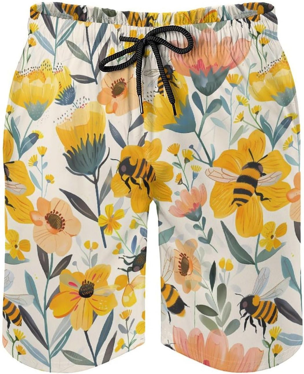 Cute Bees Flowers Casual Men's Swim Trunks Novelty Summer Beach Shorts Swimwear with Pocket