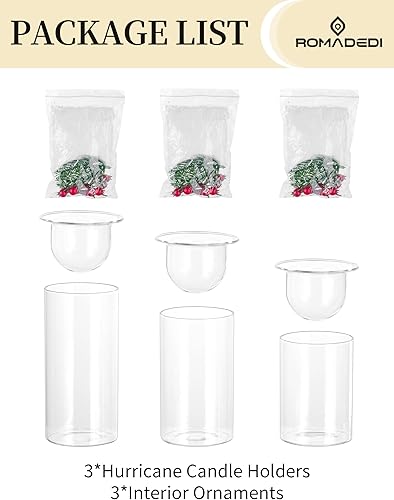 Miniatura 6 de Romadedi Portavelas de Navidad para centro de mesa, juego de 3 portavelas de cristal con adornos de Navidad, soportes votivos transparentes