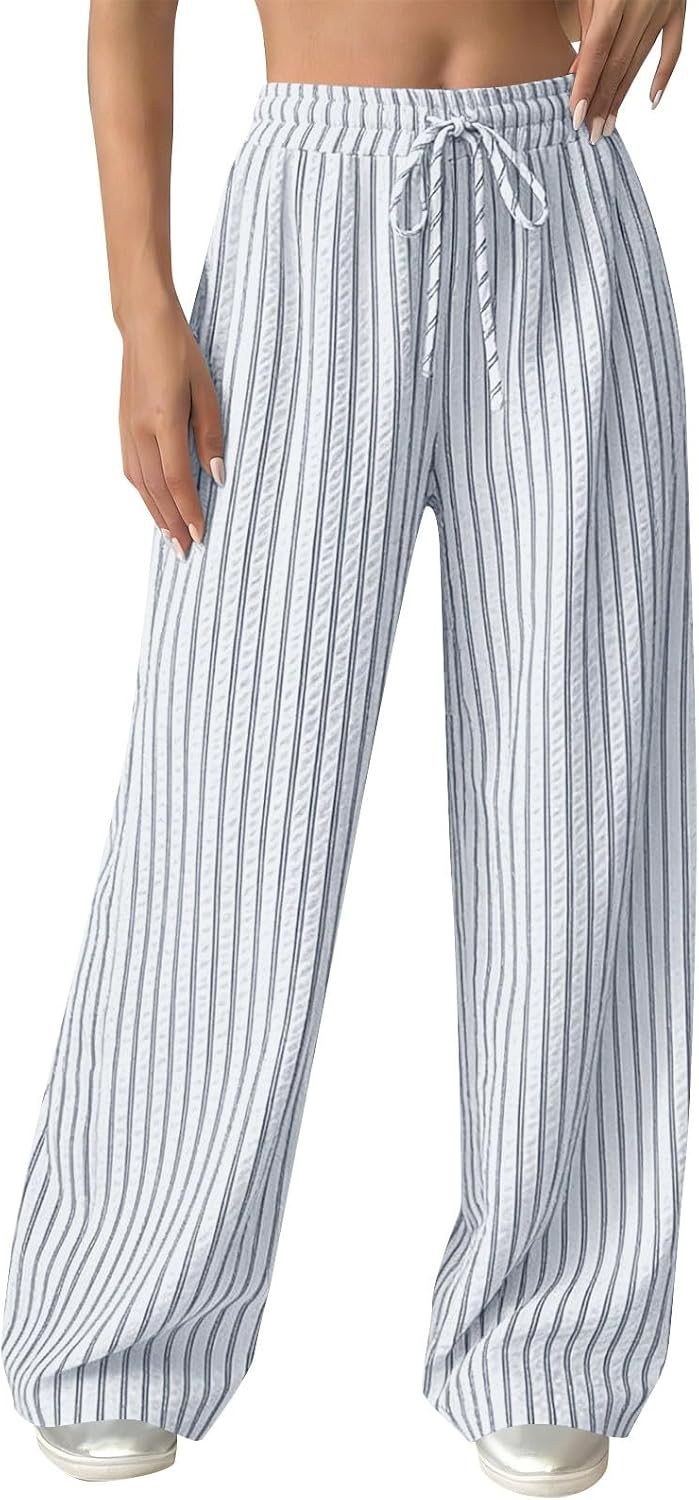 Women's Striped Wide Leg Beach Pants Drawstring Waist Lightweight Casual Flowy Palazzo Lounge Trousers with Pockets