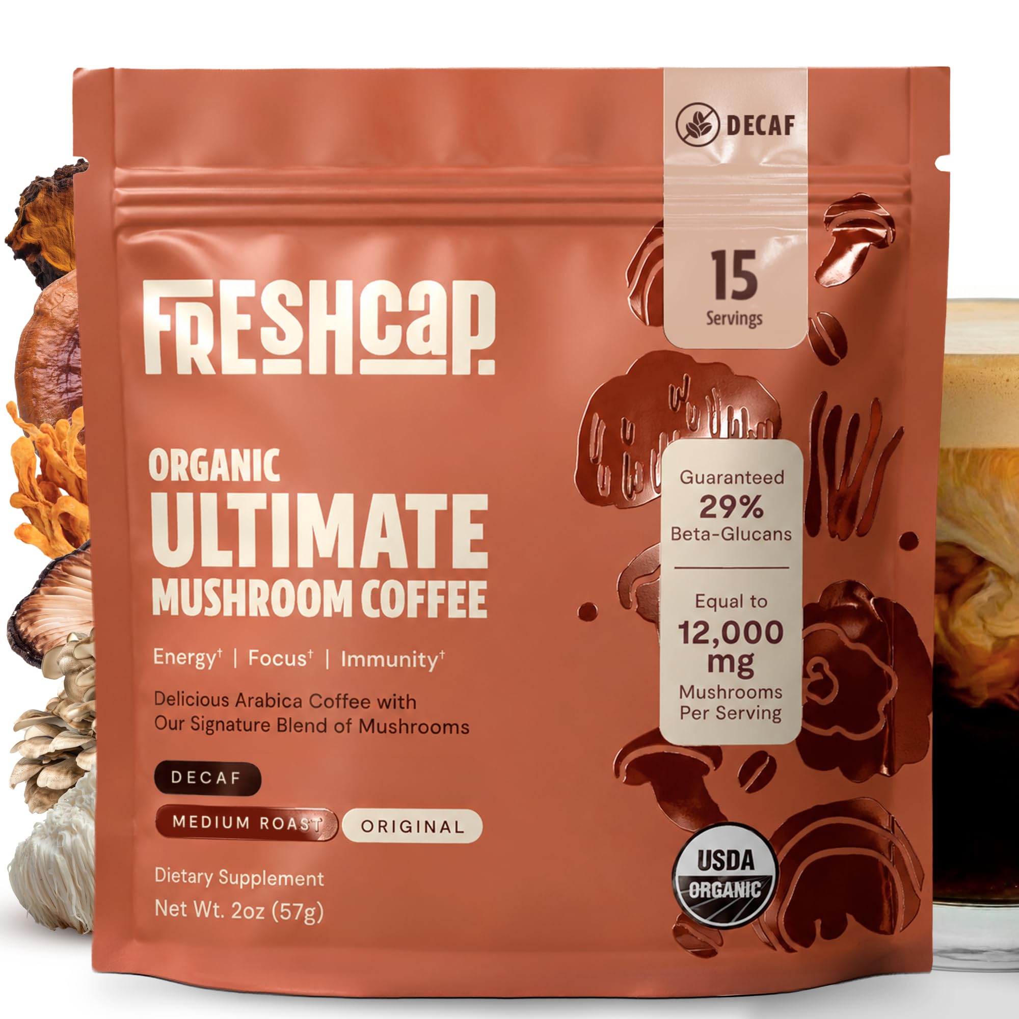 FreshCap Ultimate Mushroom Coffee, Decaf Instant Powder, 15 Servings