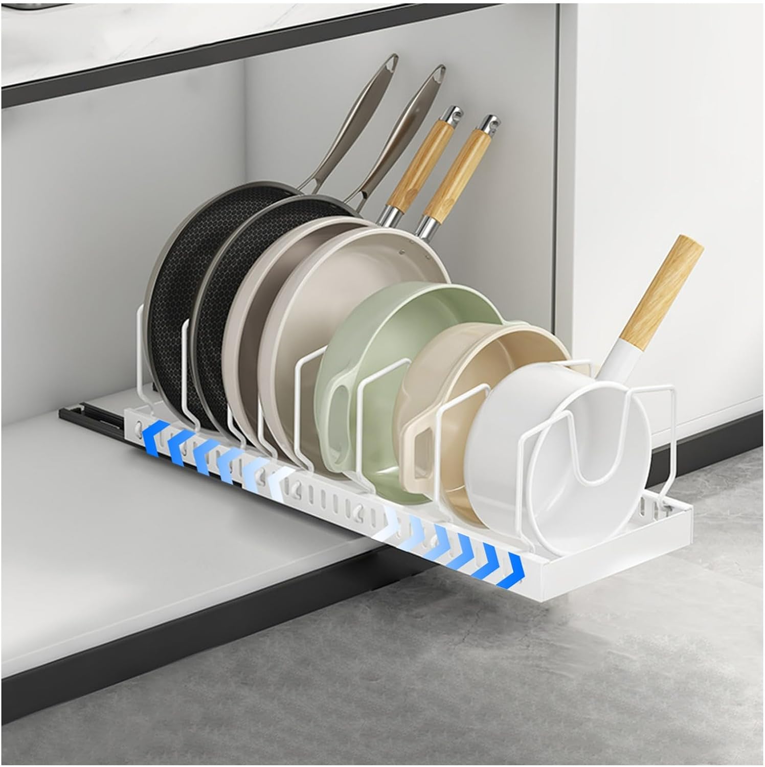Expandable Pot and Pan Under Cabinet, Sliding Lid Holder Rack with 10 Adjustable Dividers, Pull-Out Cabinet Dish Drainers, 16.5-20.8" Depth, Black, 2-Pack，White a 1Pack