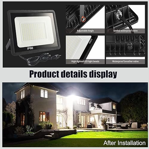 Miniatura 5 de 2Pack 100W LED Flood Light Outdoor,11100LM LED Work Light with US Plug,5000K Daylight White,IP67 Waterproof Outdoor Floodlights for