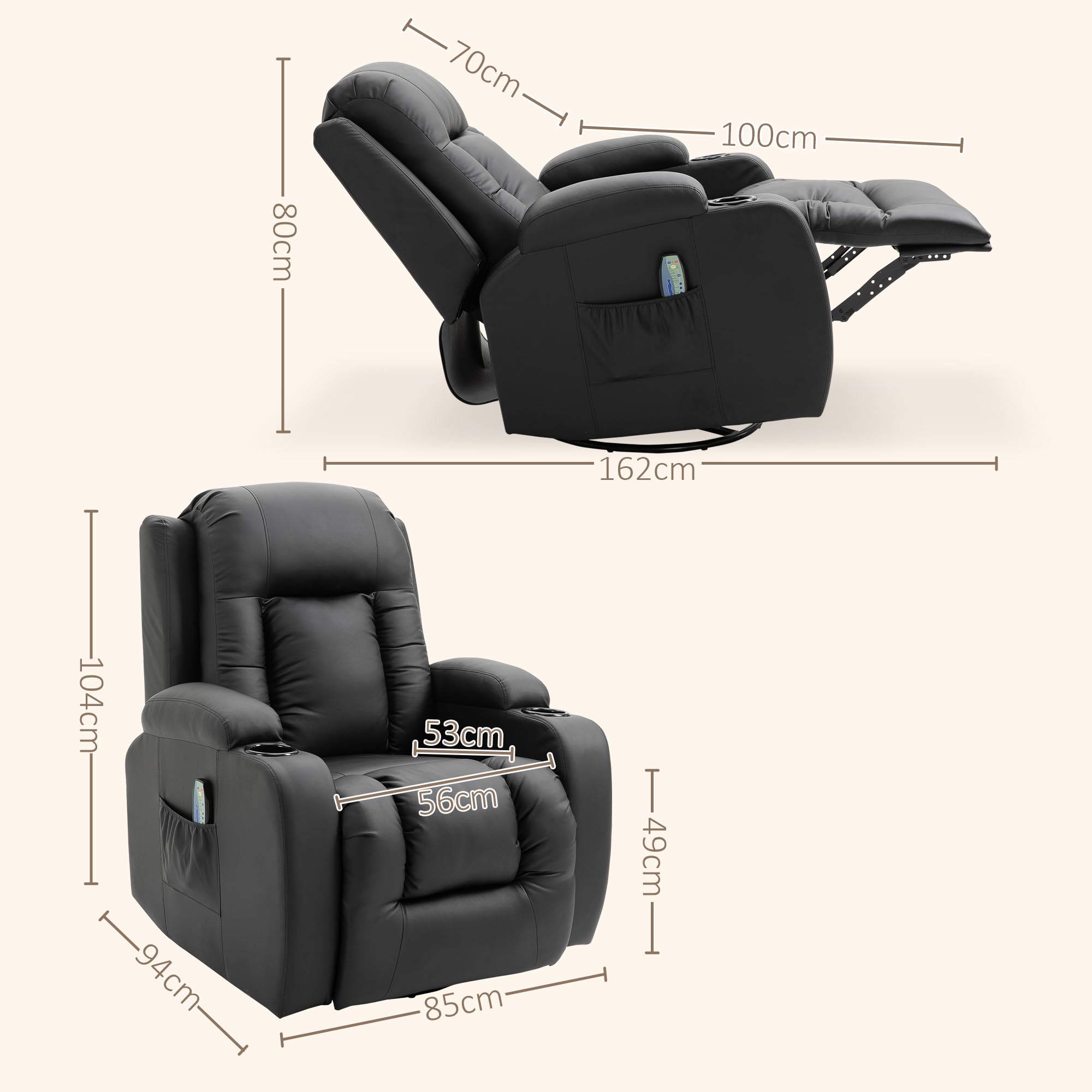 HOMCOM Relaxsessel verstellbar Massagesessel mit Liegefunktion, Heizung, Drehbar Fernsehsessel mit Wippfunktion, Becherhalter, Seitentasche, Timer, Kunstleder für Wohnzimmer Schwarz