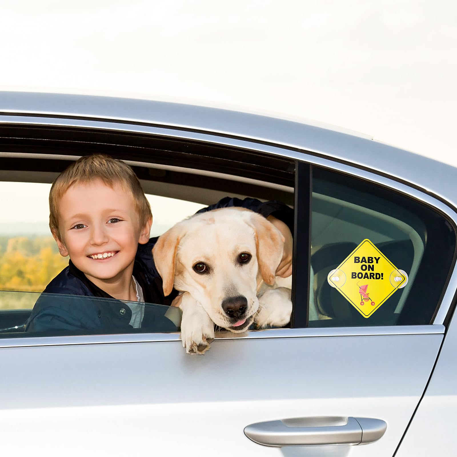 Adesivo Auto 'Baby On Board' - 2 Pezzi, 12.7x12.7cm, Con Ventose - Giallo, Riutilizzabile E Sicuro - Foto 3