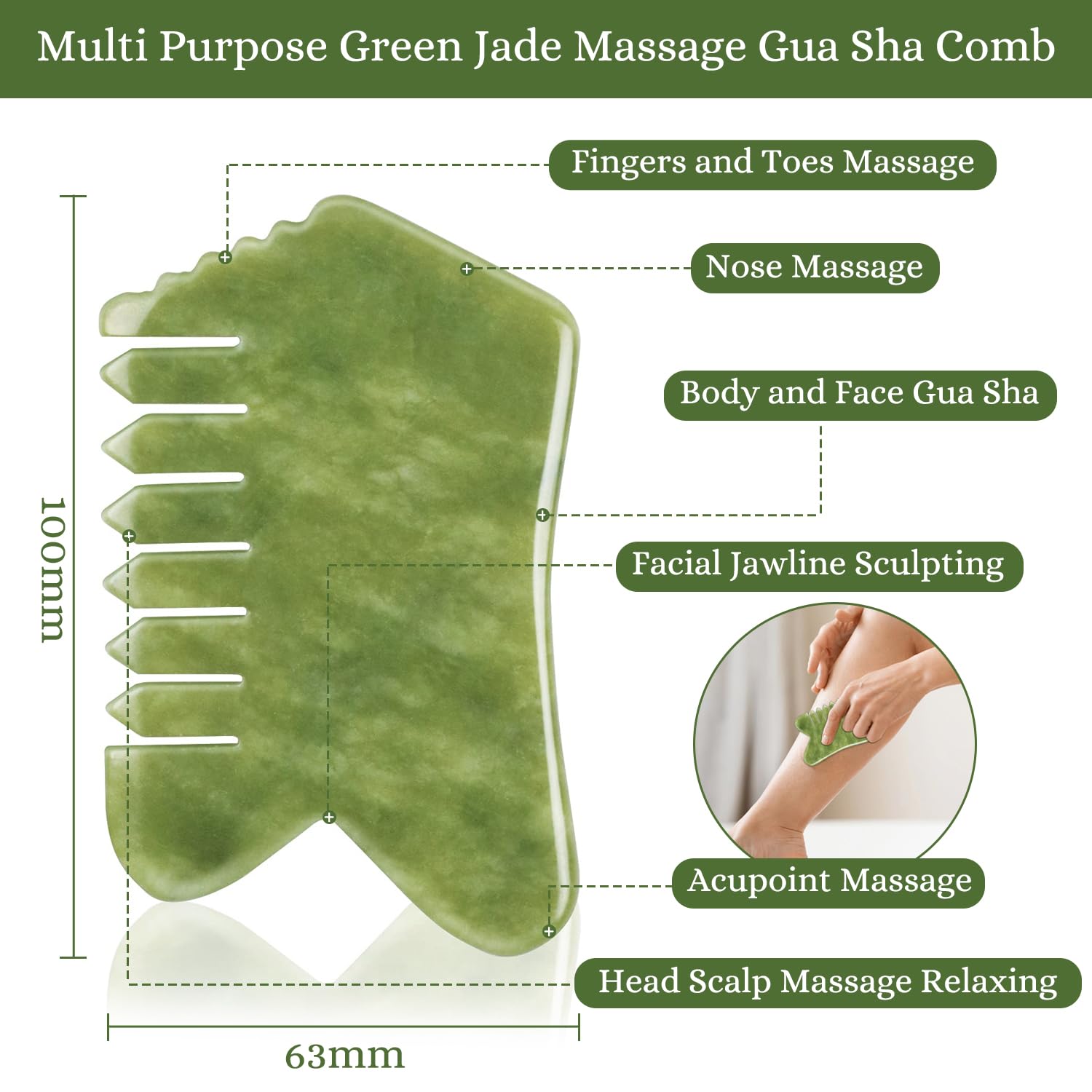 Peigne multifonction pour masseur en jade vert, fait main, outil de massage pour massage complet et relaxant, tête du cuir chevelu, jade gua sha, outil de traitement de masseur (green jade comb - l)