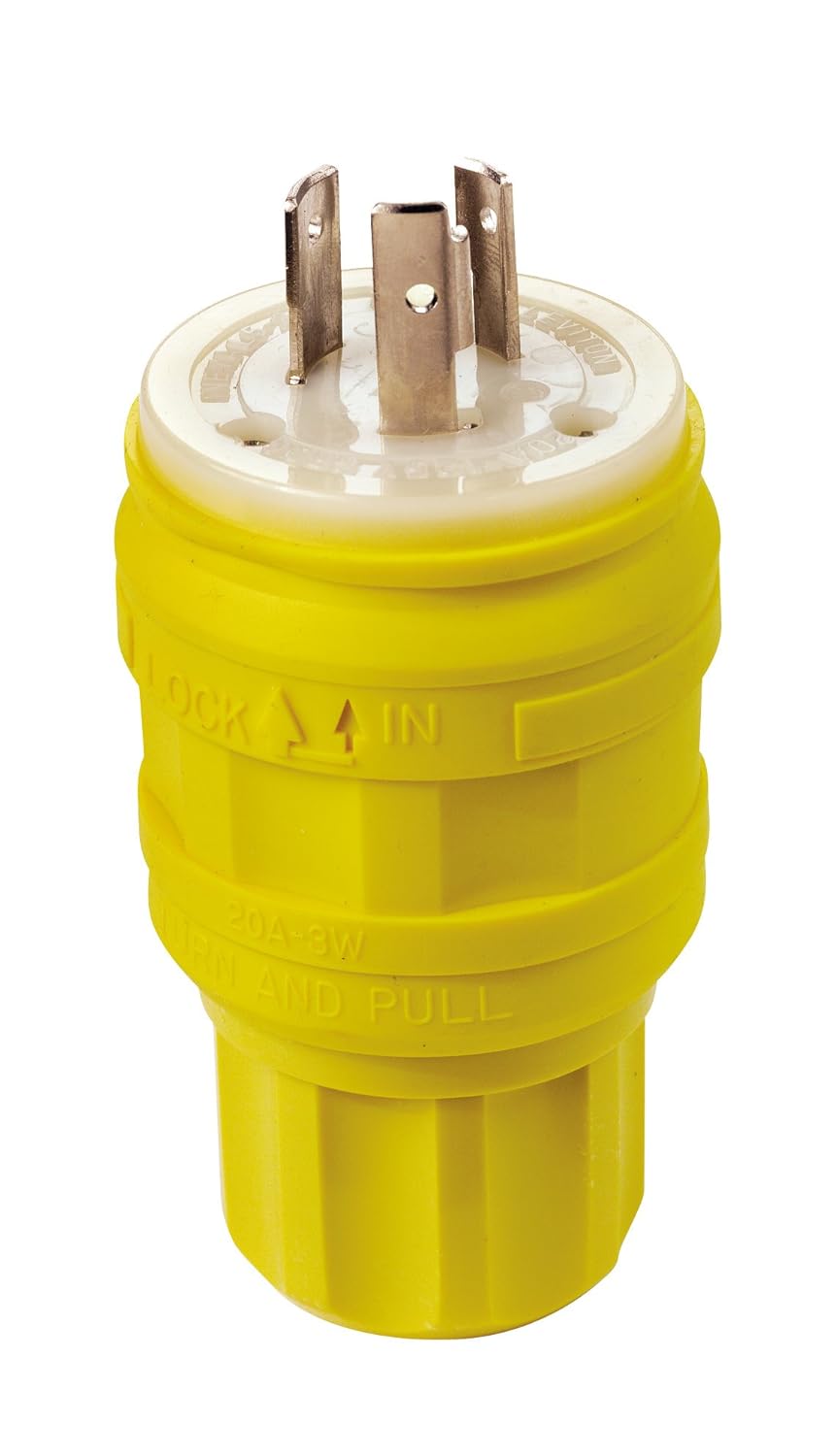 Leviton 20 Amp, 125 Volt, Locking Plug, Industrial Grade, Grounding, Wetguard, 26W47, Yellow