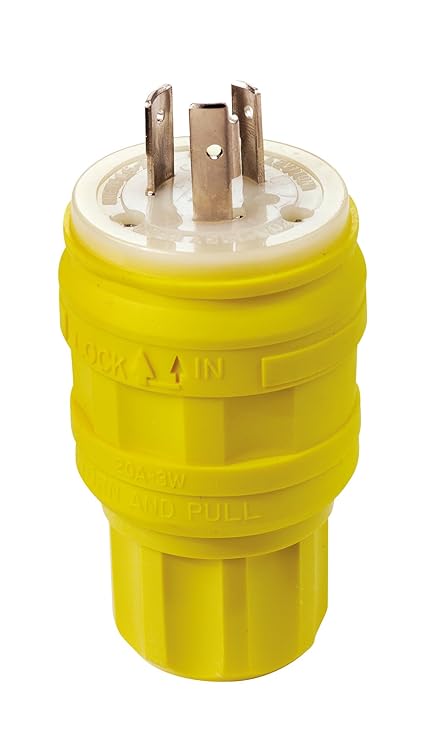 Leviton 26W47 20 Amp, 125 Volt, Locking Plug, Industrial Grade, Grounding, Wetguard, Yellow