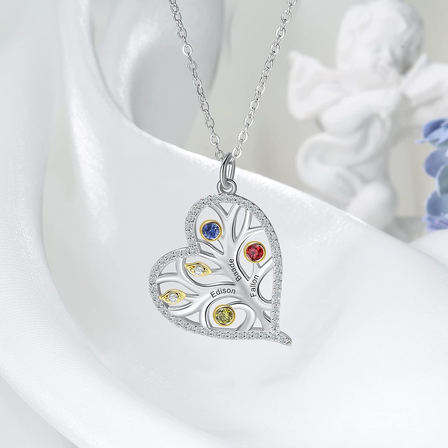 GLAMCARAT Sterling Silver Personalized mothers necklace with stones engraved jewelry for women tree of life birthstone pendant gift for mom her sister grandma