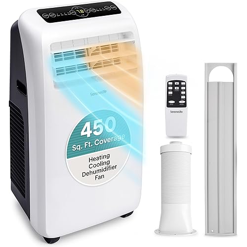 SereneLife Portable Air Conditioner with Heat & Built-in Dehumidifier 12,000 BTU, Portable Heater & AC for Rooms up to 550 Sq Ft - Remote Control & Window Mount Exhaust Kit Included