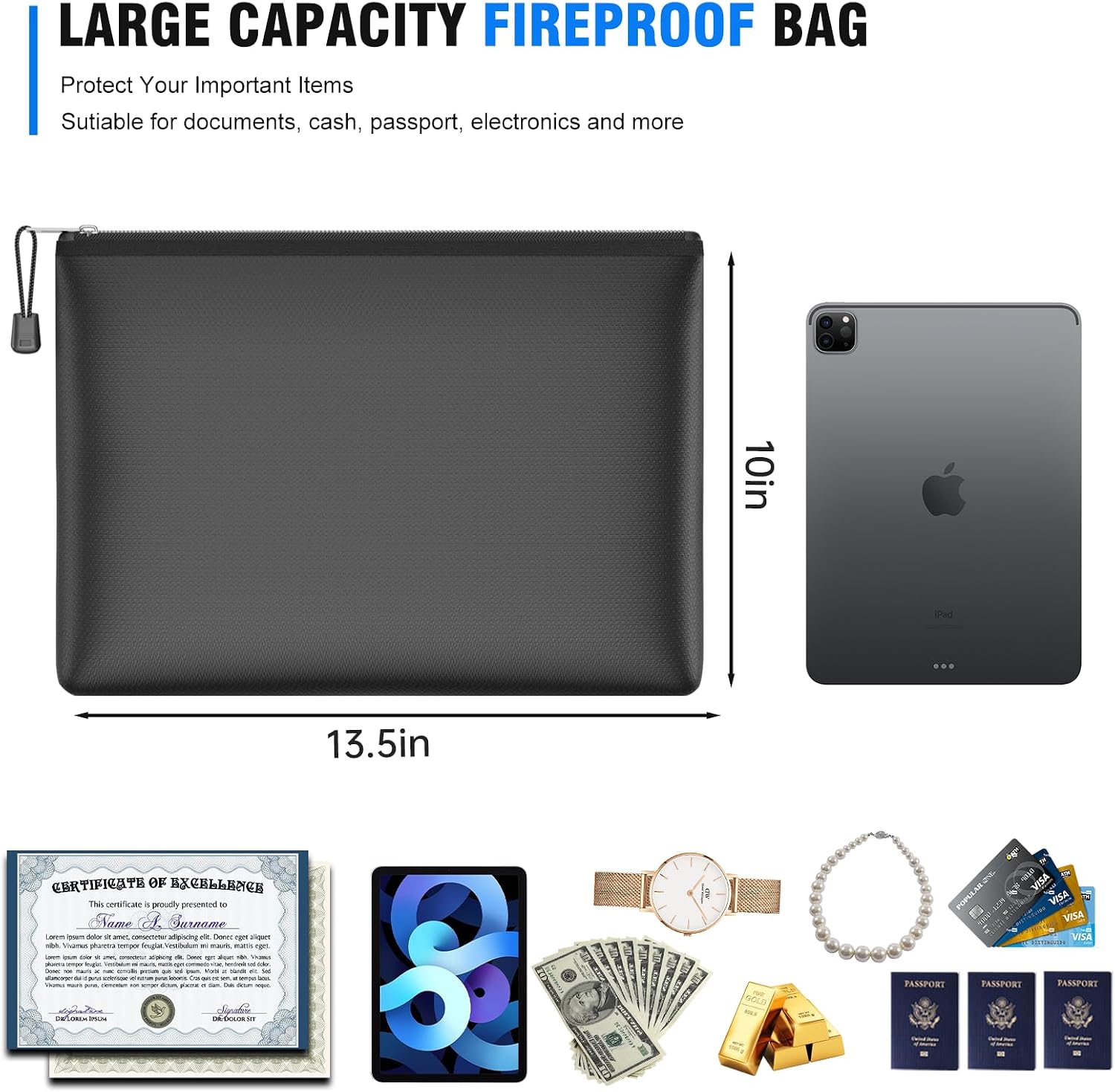 5pcs Fireproof Zipper Bags, A4 Zipper Pouches for Organizing Storage, Water-Resistant Document Bags(13.5"x10"), Letter Size, File Bags for Home, Office, School, Travel, Cash, Passport, Black
