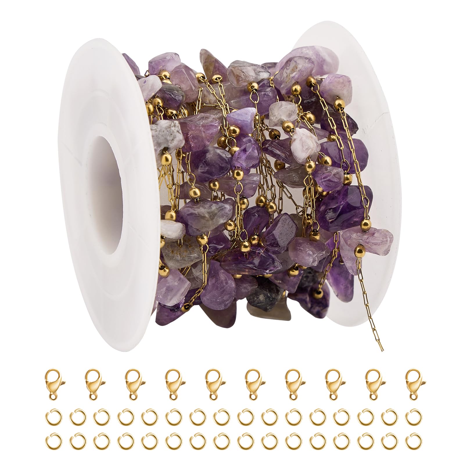 YOUBEIYEE 13 Feet Purple Gemstone Jewelry Making Chain Gold Plated Stainless Steel Paperclip Chain for Women Necklace Bracelet DIY Jewelry Supplies