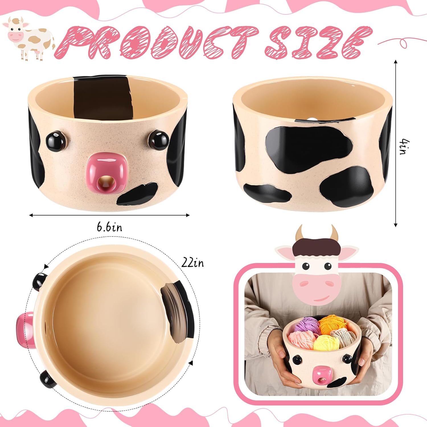 Reallnaive Yarn Bowl for Crocheting Knitting Cute Yarn Handmade Craft Knitting Bowl Large Crochet Storage Holder Accessories Gift for Beginners, Knitters Funny, Crochet Gift(Cow)