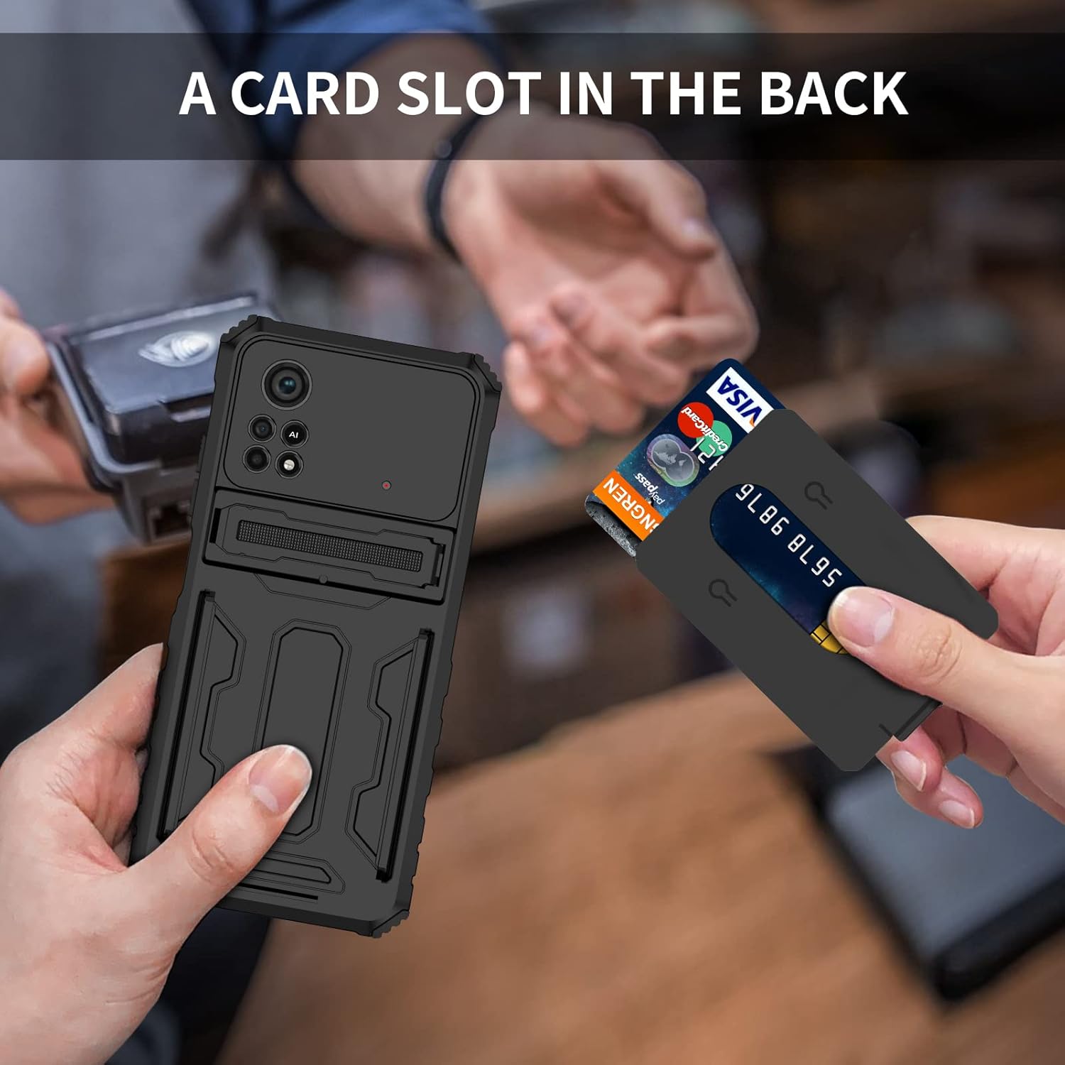 Image depicting a hand removing a credit card from the card slot of the phone case.