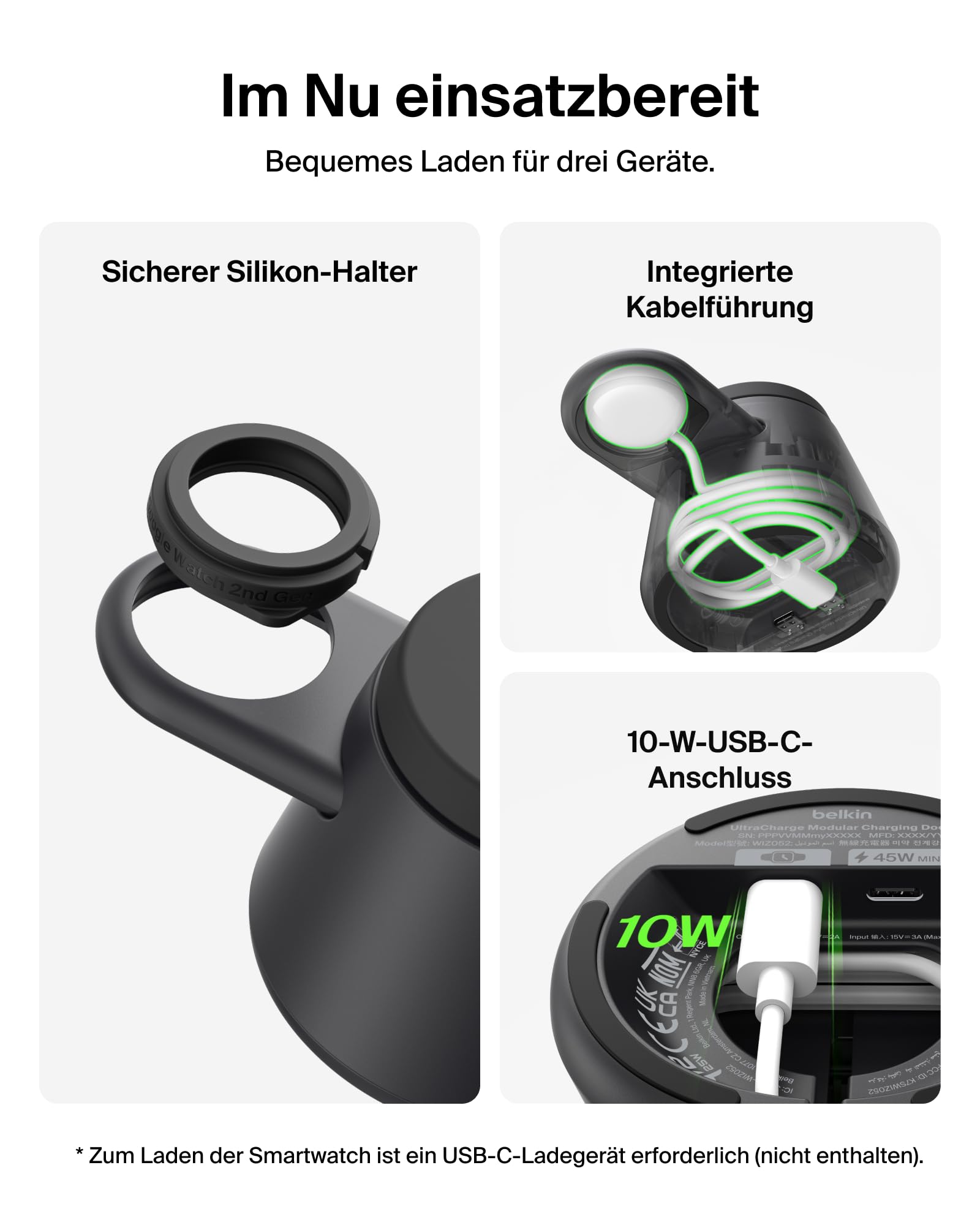 Belkin UltraCharge 3-in-1 Induktive Ladestation mit Qi2, 25W – Schwarz | Qi2.2-zertifiziert, Kabelloses Ladegerät mit USB-C-Port, Wireless Charger für iPhone, Galaxy, Kopfhörer; mit 45W Netzteil