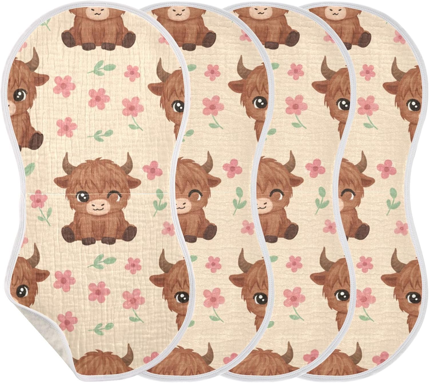 Highland Cow Animal Floral Print Muslin Burp Cloths for Babies,Soft Cotton 4 Layer Burping Cloths with Waterproof Backing, Absorbent Newborn Spit Up Rags for Boys & Girls, 22"x 11"