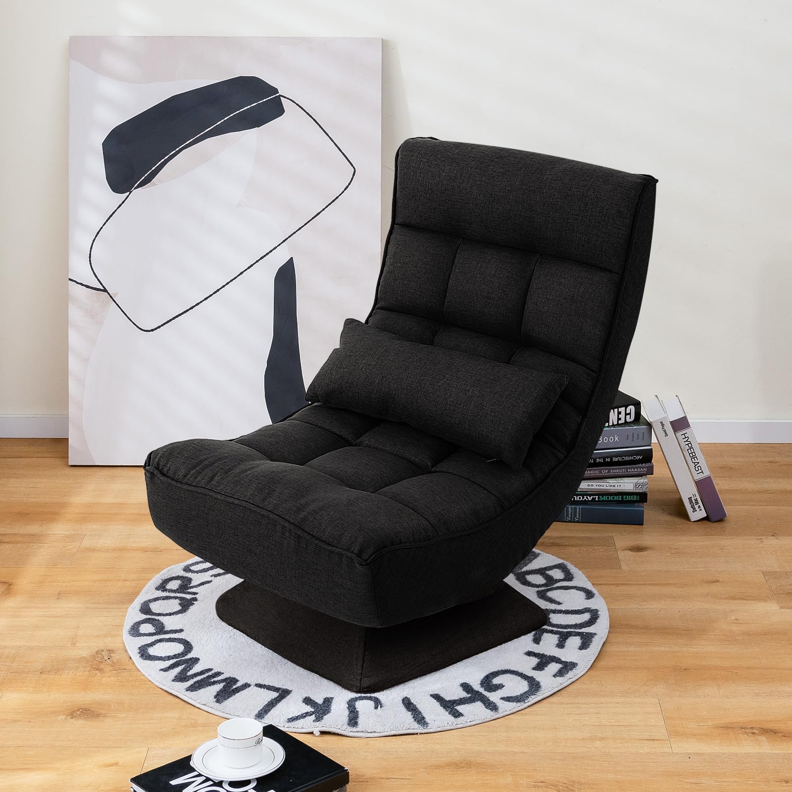 COSTWAY Chaise de Sol Pliable Réglable à 5 Positions, Fauteuil Rembourré Pivotante, avec Oreiller Lombaire, Fauteuil de Salon pour Méditer, Lire, se Reposer, sans Assemblage (Noir)
