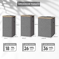 Vista 2 de BALEINE Cesta de lavandería con tapa, cestas altas para la ropa sucia con asas de bambú, contenedor grande para la ropa sucia con soporte interno