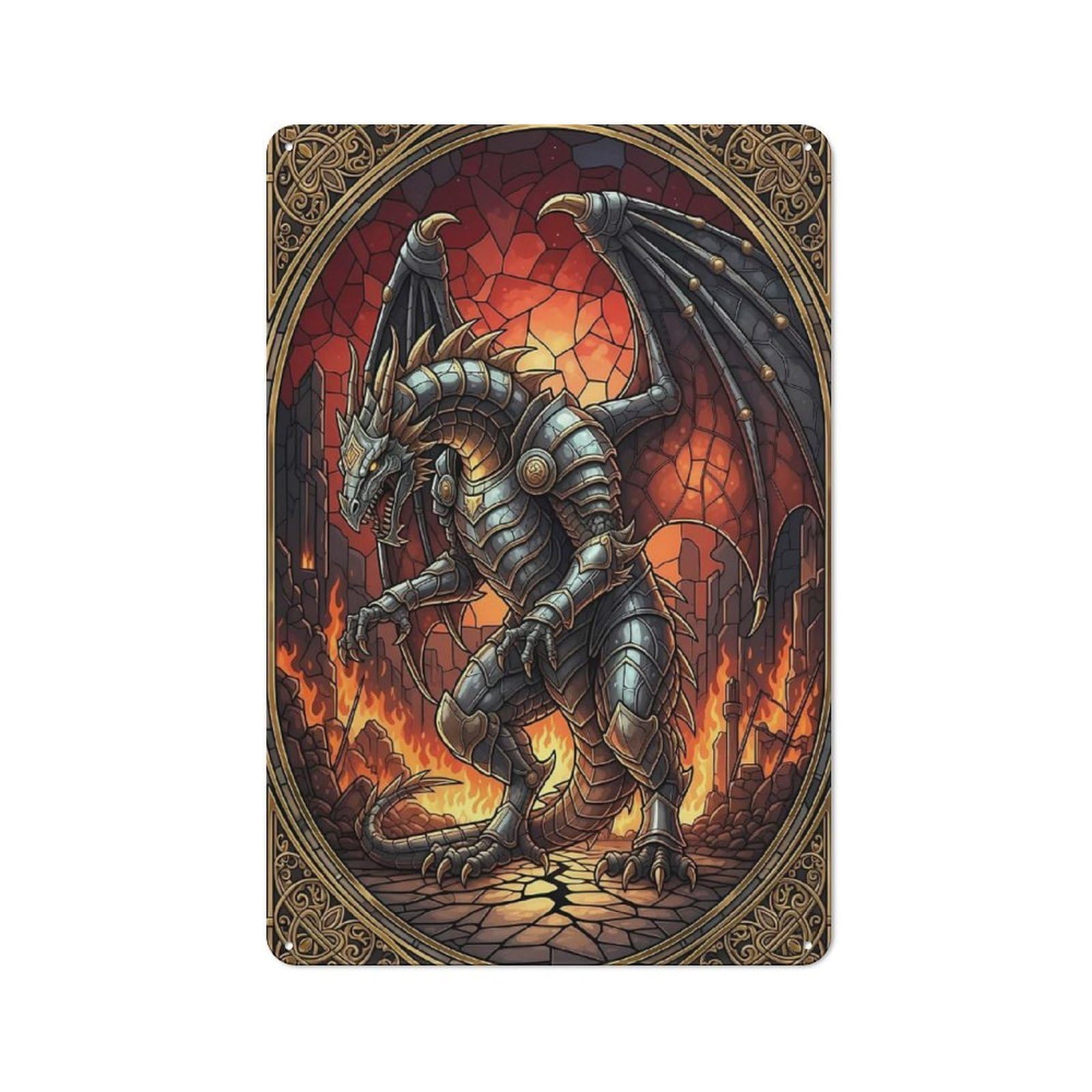 Junmoney Style-4 Tin Sign 30X20cm With Armored Dragon In Stained Glass Style For Garage Wall, Retro-Style Decor, For Room Styling Across Garages And Workshops