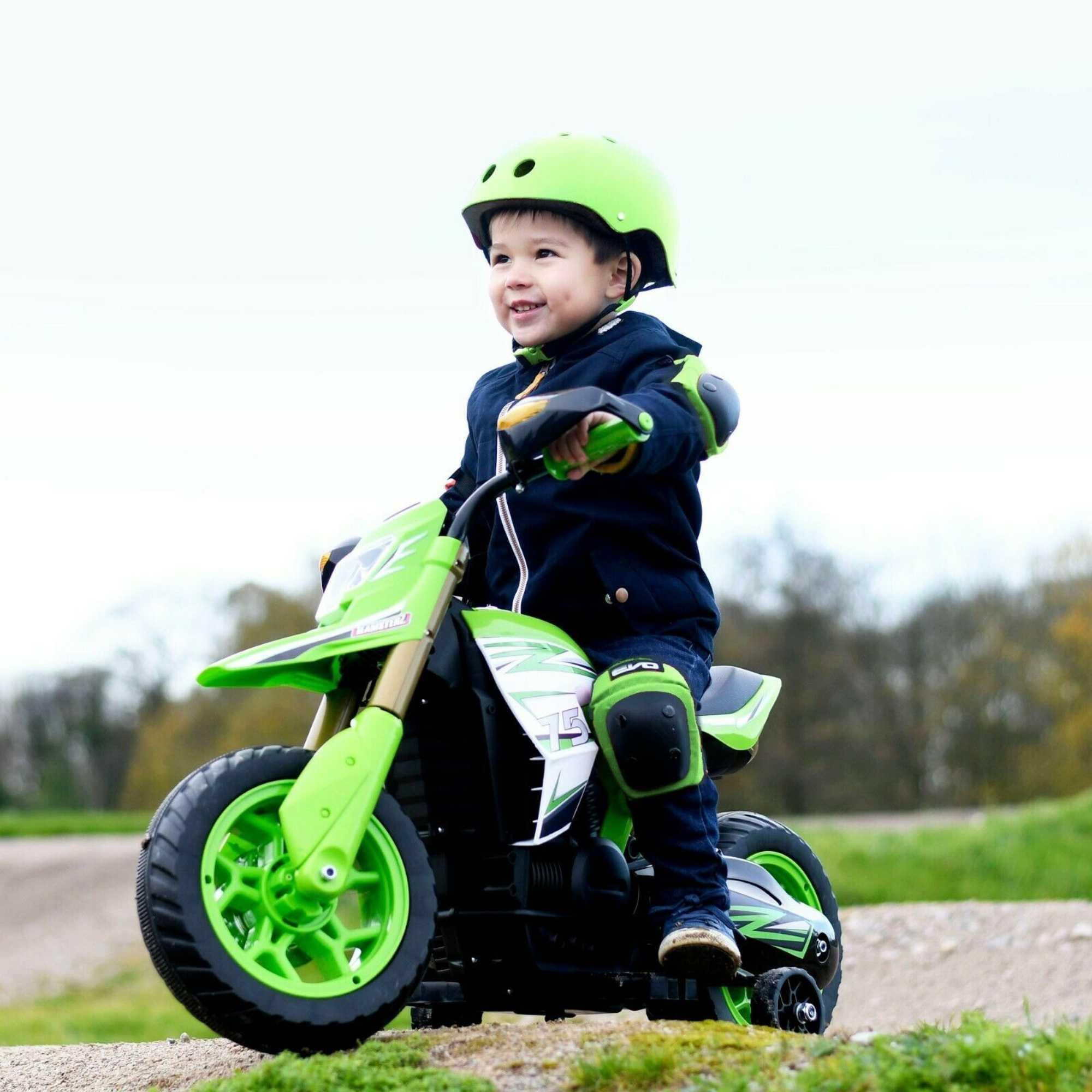 EVO Bicicletta elettrica da rally, 6 V, alimentata a batteria, fari, poggiapiedi, stabilizzatori rimovibili, veicolo da equitazione per bambini dai 3 anni in su