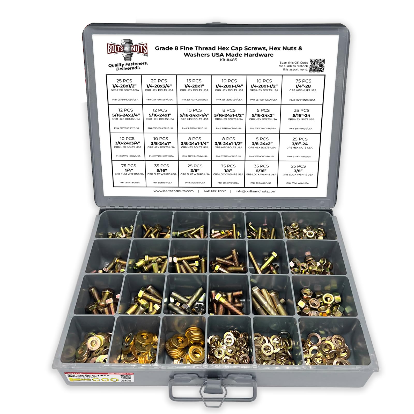 BoltsandNuts.com USA Made Grade 8 FINE Thread Hex Cap Bolts Screws, Finished Hex Nuts, Washers, Lock Washers Assortment Kit - 574 Pieces!