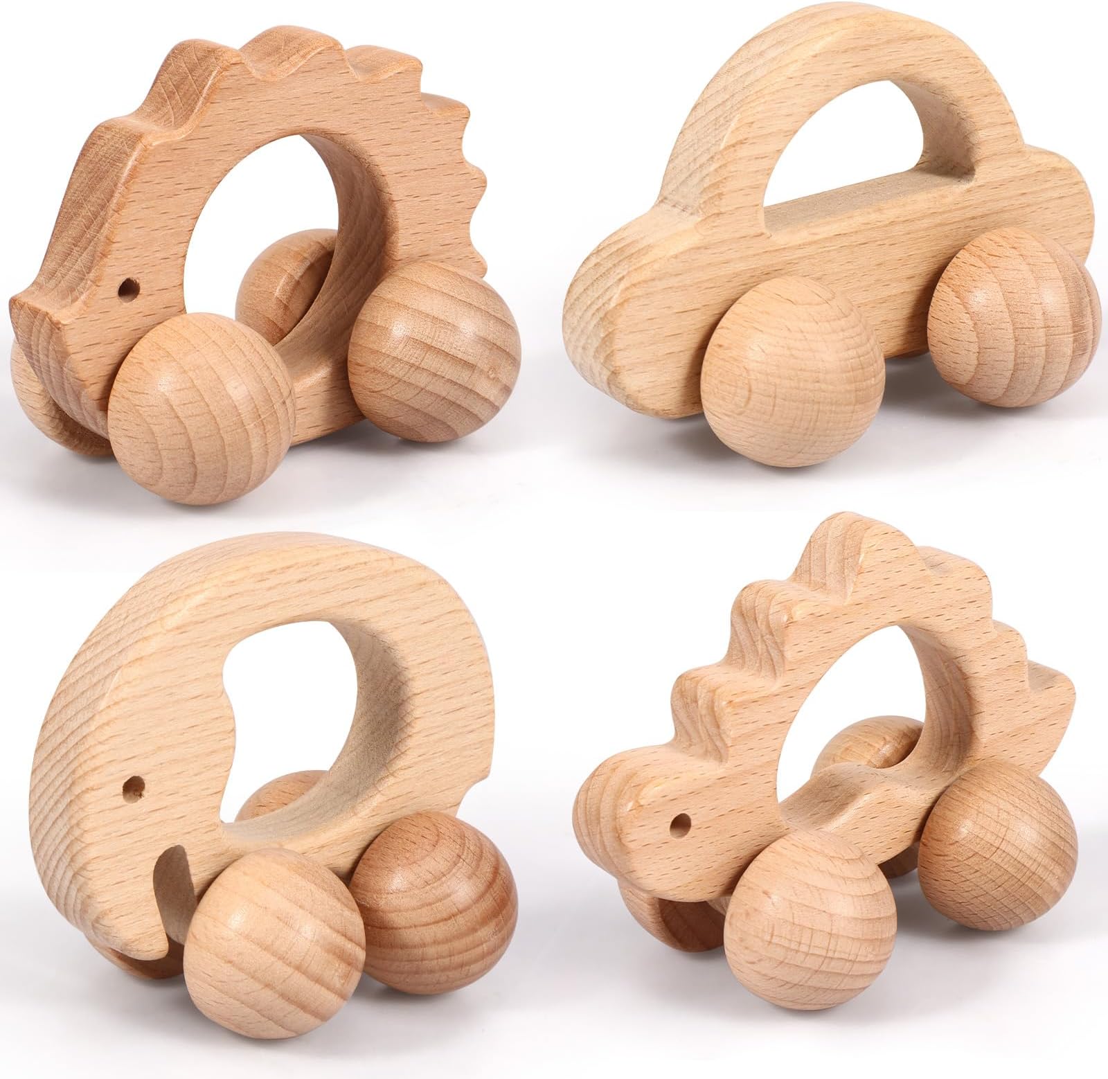 Wooden Cars Baby Toys Push and Pull Along Car for Toddlers 6 to 18 Months, Kids Montessori Toys Wooden Baby Chewing Toy Natural Beech Wood Push Cars for Boys Girls (4pcs A)