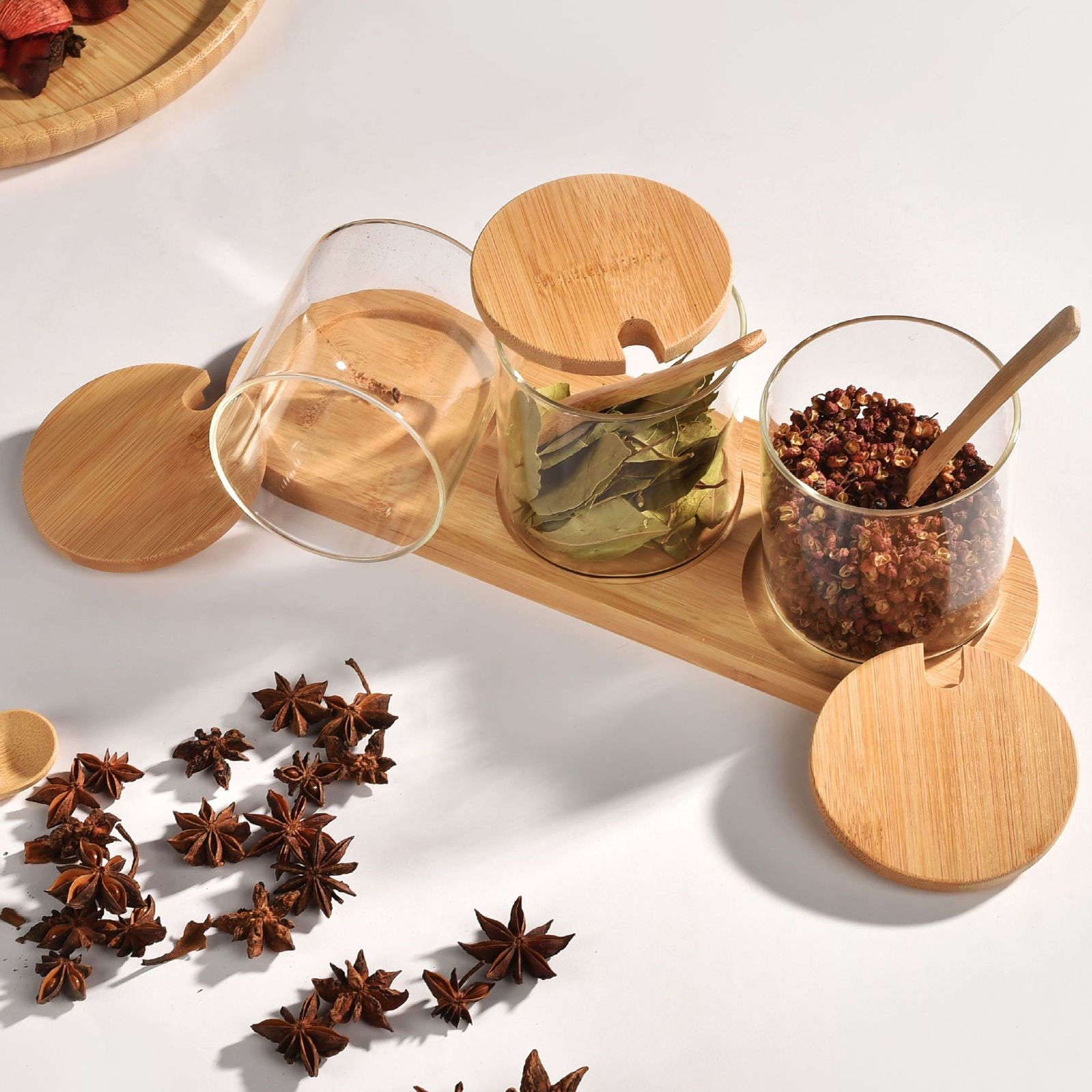 Tarro de Cristal para conservar Alimentos, Frascos de Vidrio Transparente con Tapas y Cuchara bambú, tarros Especias vacíos, contenedores Botes Almacenamiento Alimentos(Transparent)