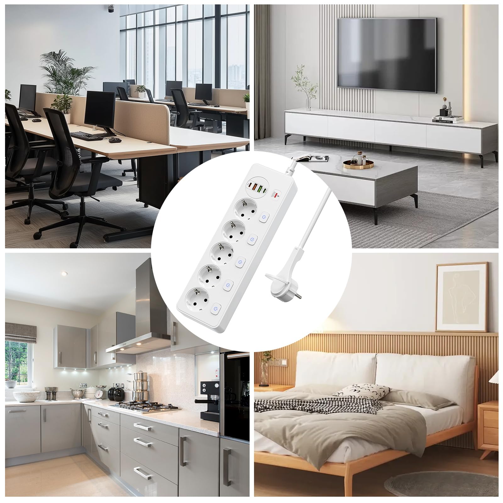 Listwa zasilająca z 5 gniazdami, indywidualnie przełączana, z 2 gniazdami USB A i 2 USB C, 5 gniazd z przełącznikiem, listwa zasilająca, montaż ścienny, z kablem przedłużającym 2 m, PD 20 W, biała