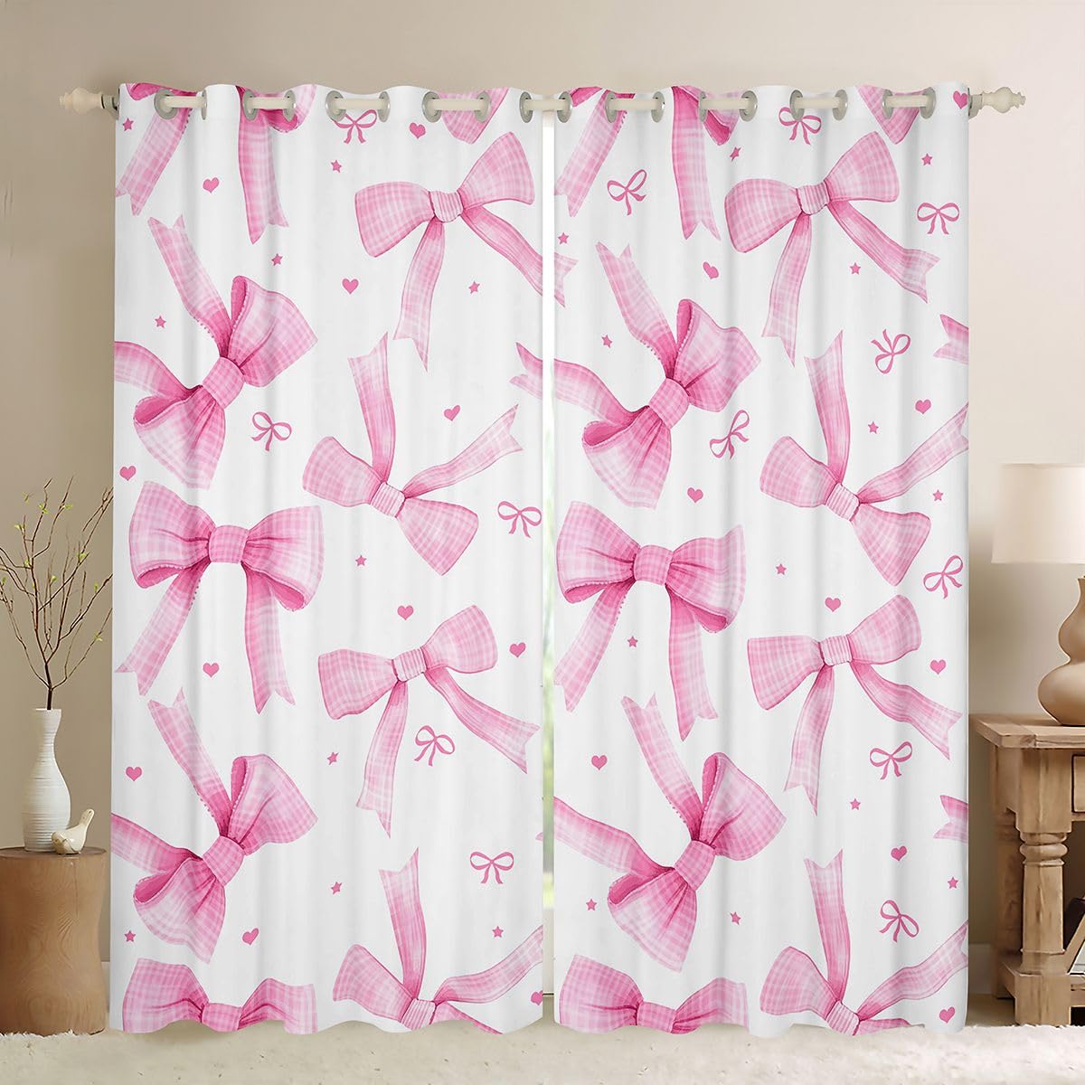 Homewish urocze różowe kokardki zasłony okienne 132 x 160 cm 2 zestawy paneli - modne kokietki kokardki zasłony zaciemniające kawaii wstążka wiązana węzeł zasłony okienne zasłony modny styl