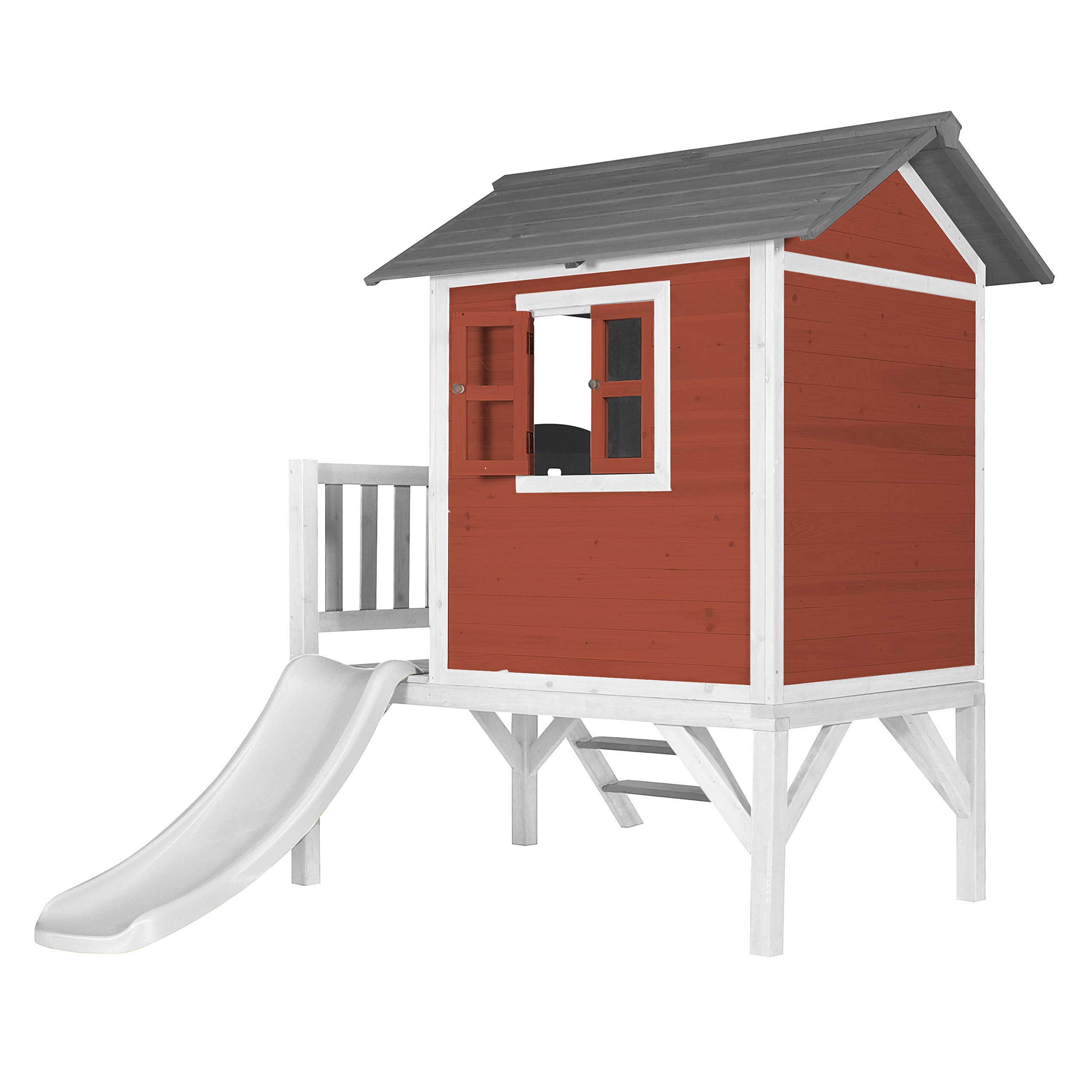 AXI Maison Enfant Beach Lodge XL en Rouge avec Toboggan en BLANC | Maison de Jeux en bois FFC pour les enfants | Maisonnette / Cabane de jeu pour le jardin