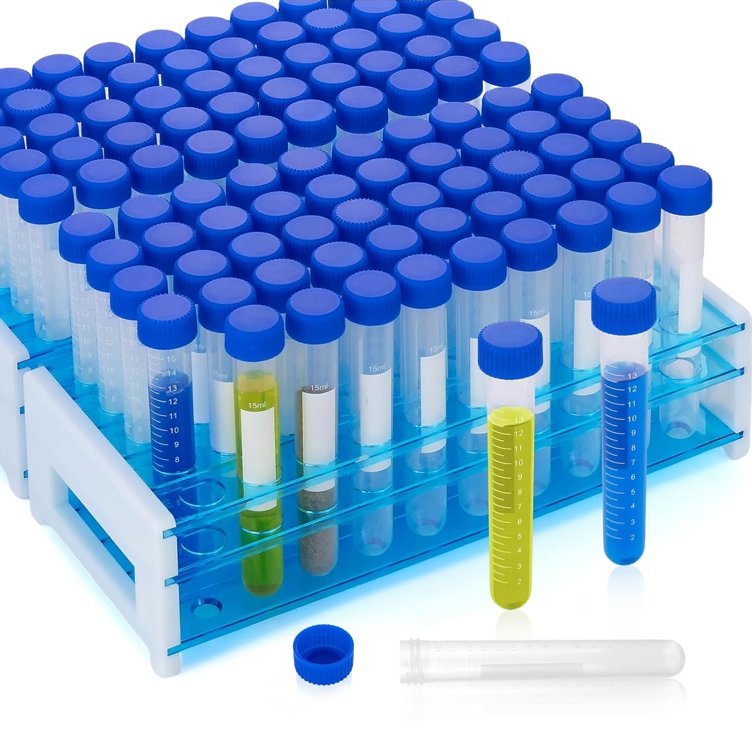 100Pcs 15ml Round Bottom Centrifuge Tubes with 2Pcs Racks, Plastic Clear Lab Test Sample Vials with Screw Caps, Graduated Scale and Write Marks