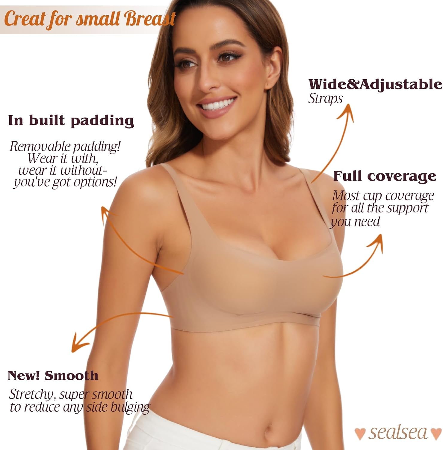 Seamless Bralette for Women Comfort No Show Square Neck Stretch Wireless Bra with Removeable Padding