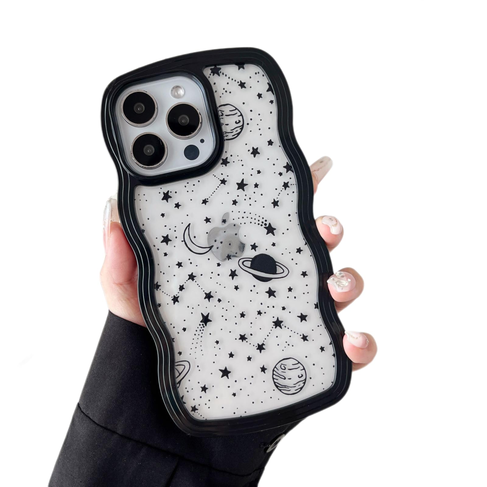 ZTOFERA for iPhone 16 Pro Max Case 6.9 inch,Cute Curly Wave Frame Shape Case with Star Space Pattern, Clear Slim Shockproof Hard PC Bumper Phone Cover for iPhone 16 Pro Max, Black