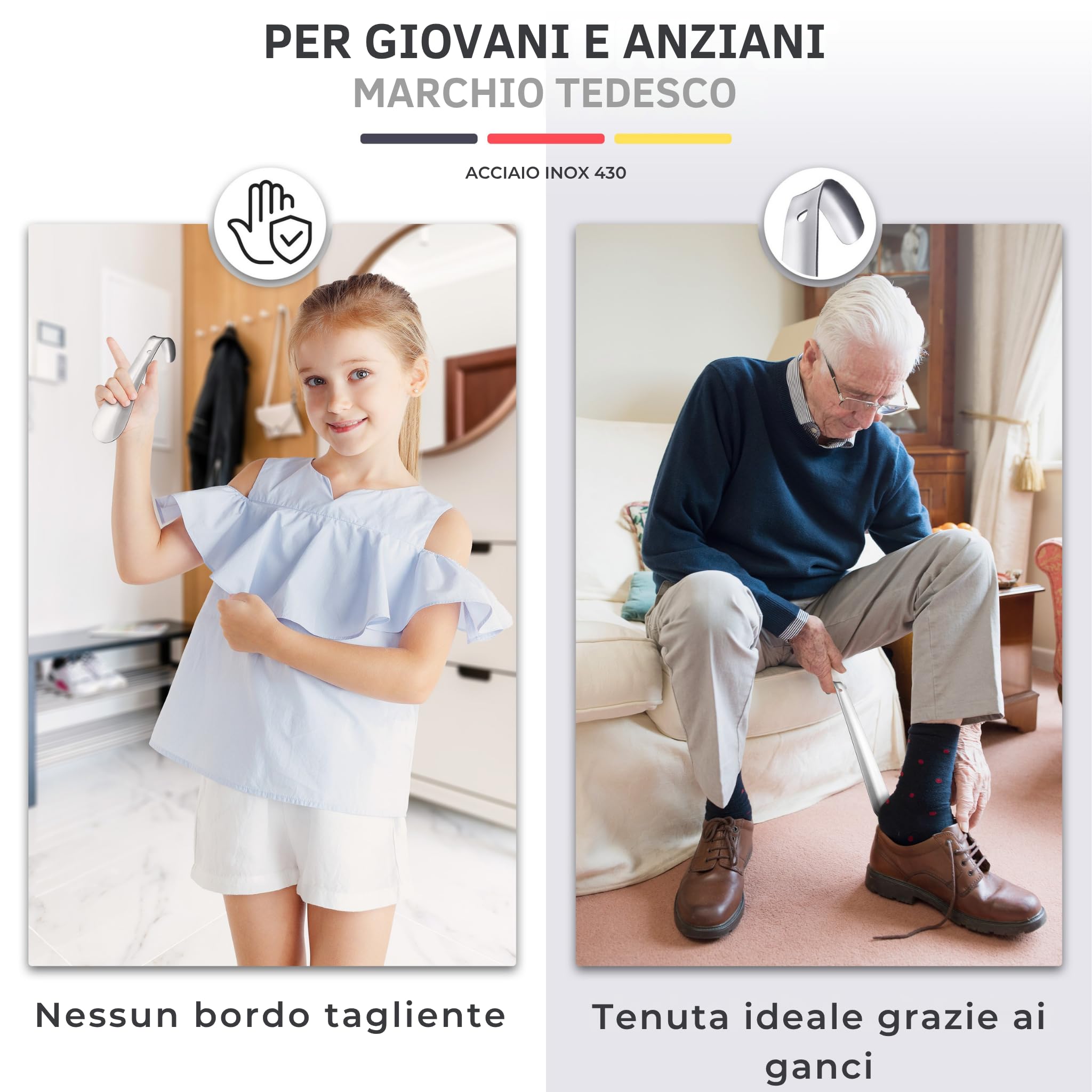 Set di 3 calzari in acciaio inossidabile STABILI | 15, 29 & 42cm | Calzascarpe in acciaio inossidabile corto, medio e lungo | Veloce e facile sulla schiena | Lunghezza e larghezza ottimizzate