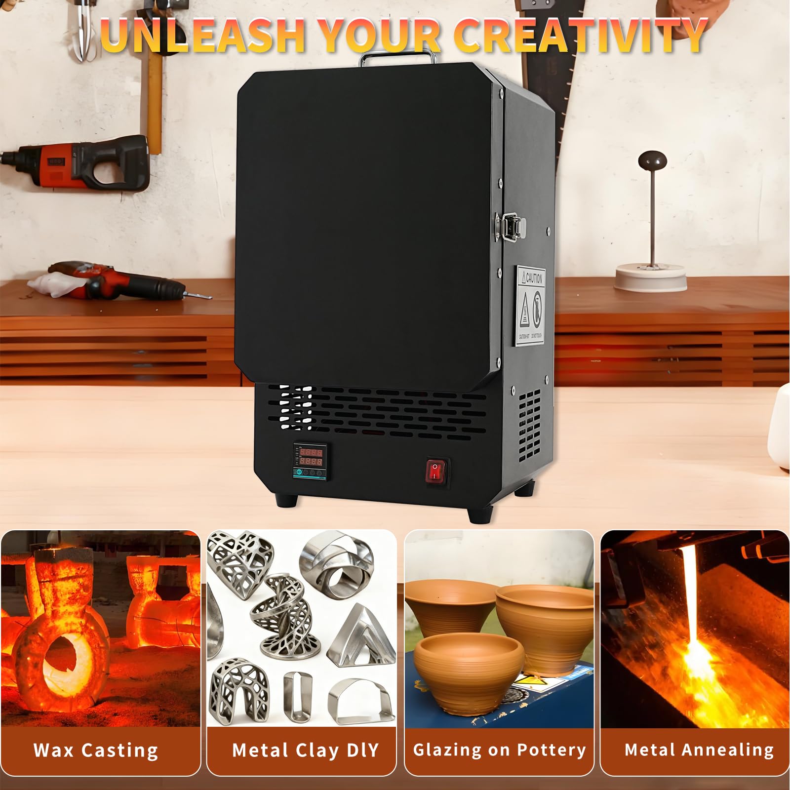 Horno eléctrico programable de 1500 W con control de temperatura multietapa, 1200 ℃/1,200.0 °C máximo, horno de fusión de mesa compacto para hacer joyas, fundición de metal, acristalamiento de