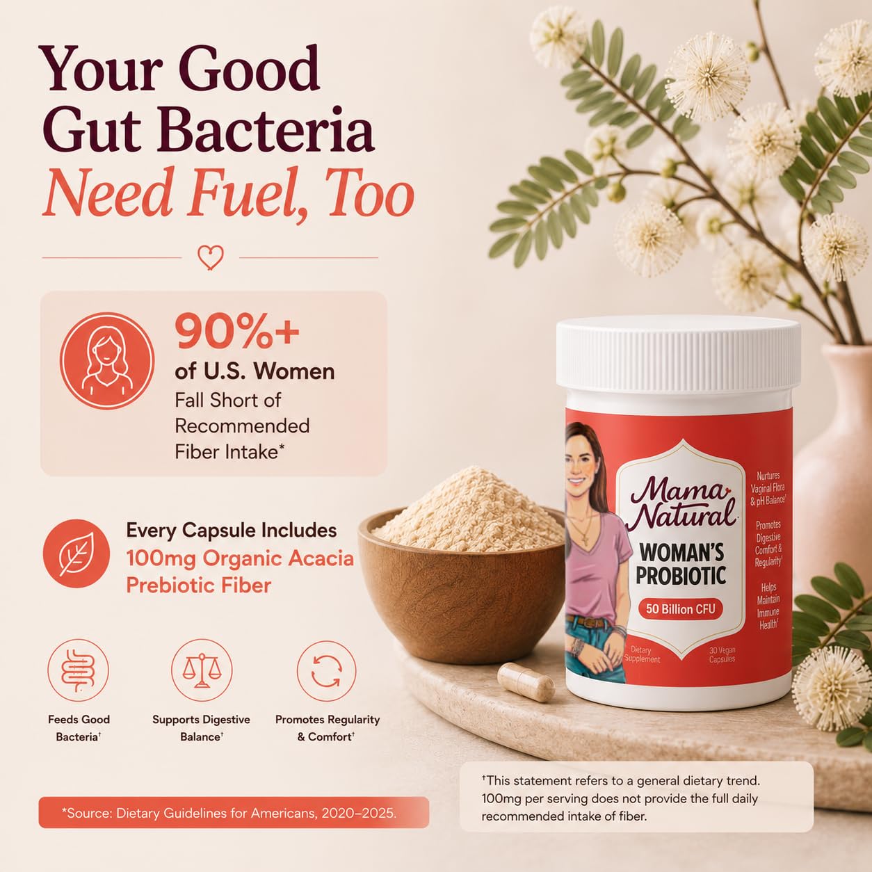 Mama Natural Womens Probiotic – Vaginal, Gut Health & Immune Support Supplement – with Organic Prebiotics (30 Count) - Lactobacillus & Bifidobacterium Probiotic - 50 Billion CFU & 10 Strains — Amazon image 5