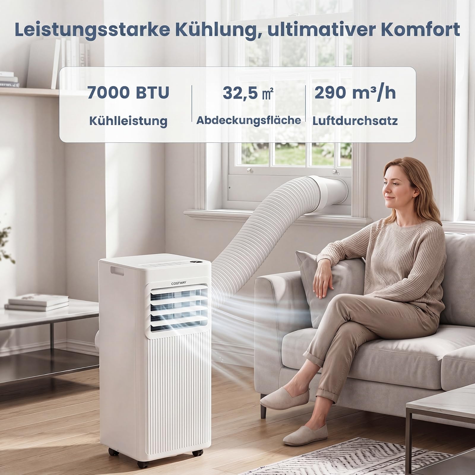 COSTWAY mobile Klimaanlage mit Abluftschlauch, Kühlgerät leise & tragbar | 3 in 1 Klimagerät zum Kühlen, Ventilator & Luftentfeuchter, Air conditioner mit Schlafmodus, 24H Timer, & Fernbedienung